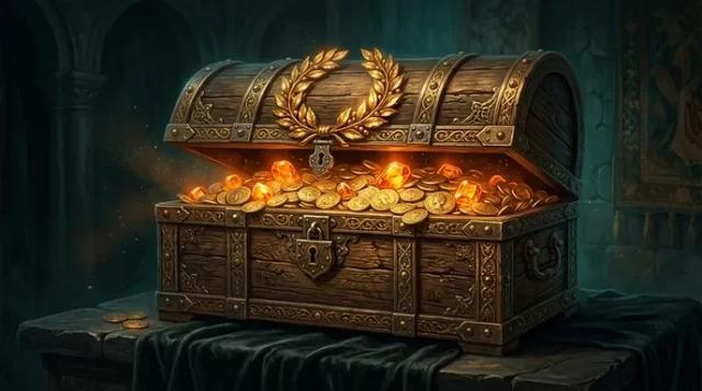 Coffre au trésor doré illustrant les 100 tours gratuits sur Treasure of Alexander